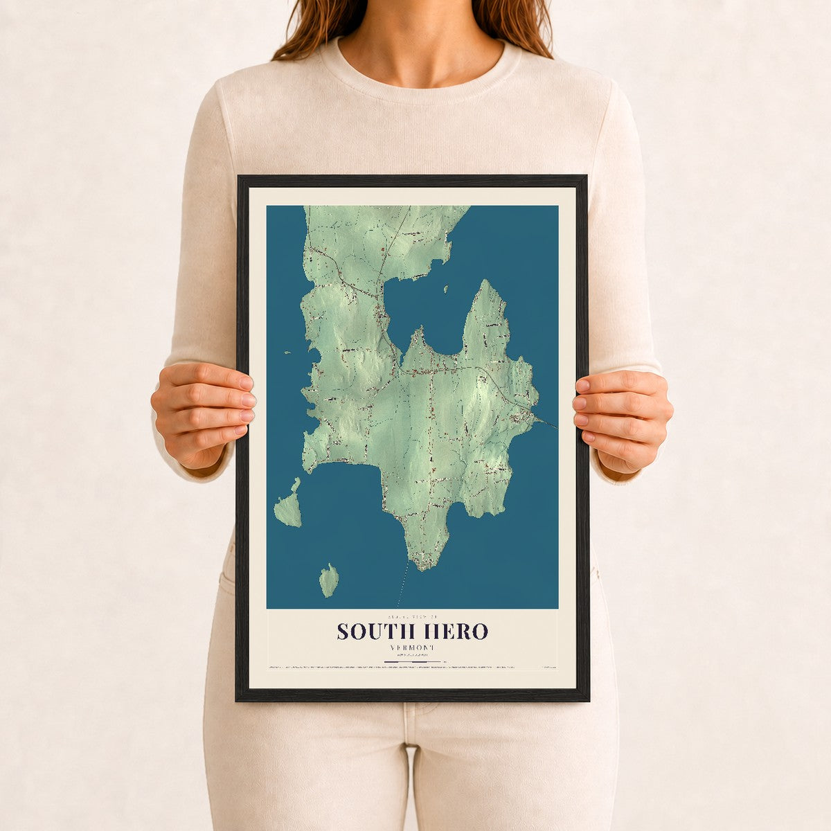 South Hero, Vermont map print - 12 x 18 black Ayous wood frame