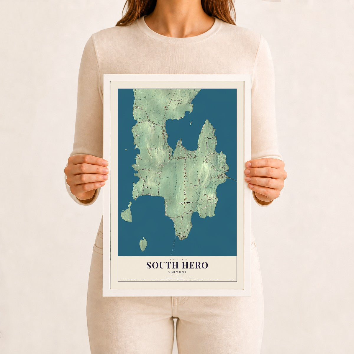South Hero, Vermont map print - 12 x 18 white Ayous wood frame