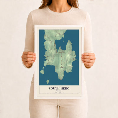 South Hero, Vermont map print - 12 x 18 white Ayous wood frame