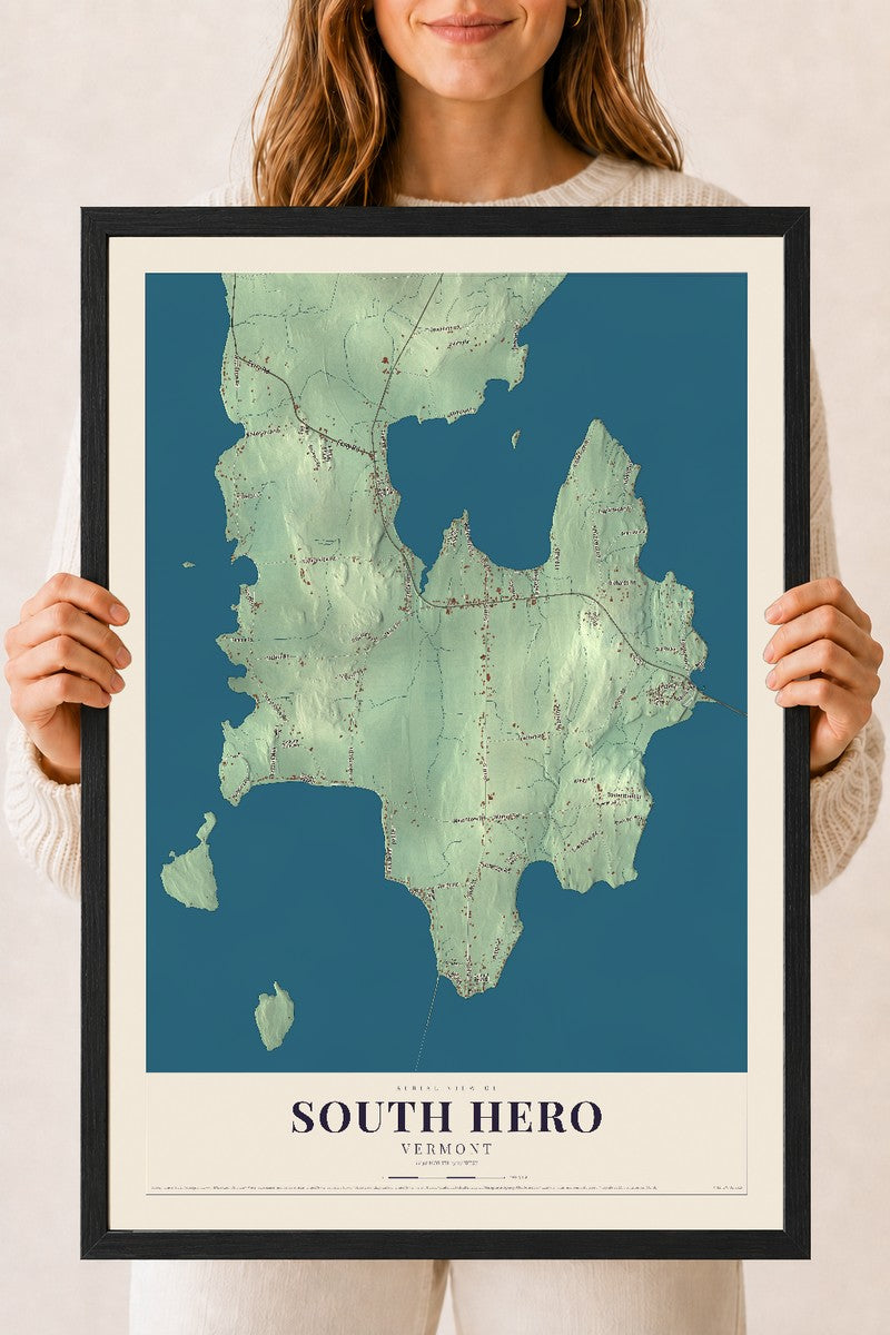 South Hero, Vermont map print - 18 x 24 black Ayous wood frame