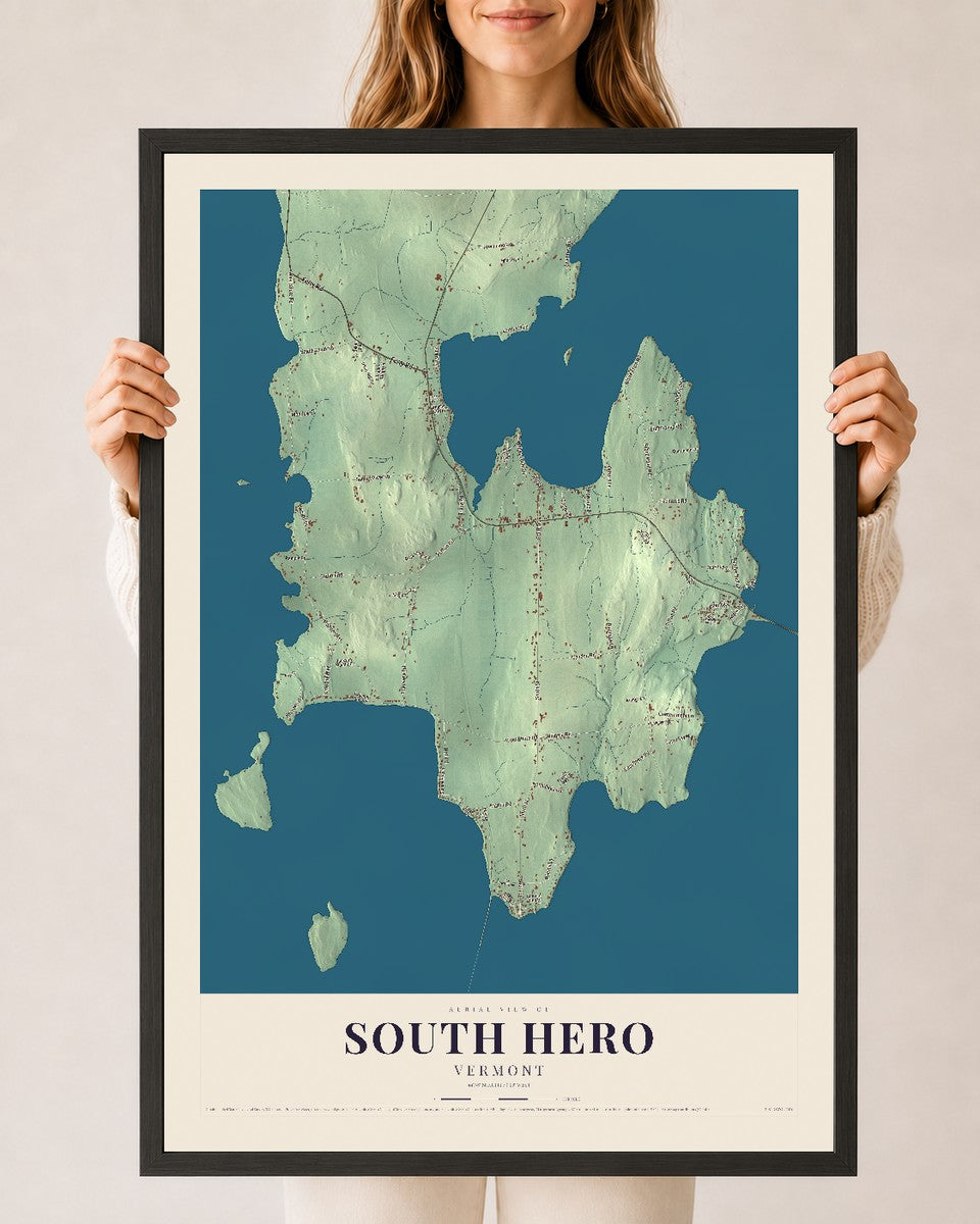 South Hero, Vermont map print - 24 x 36 black Ayous wood frame