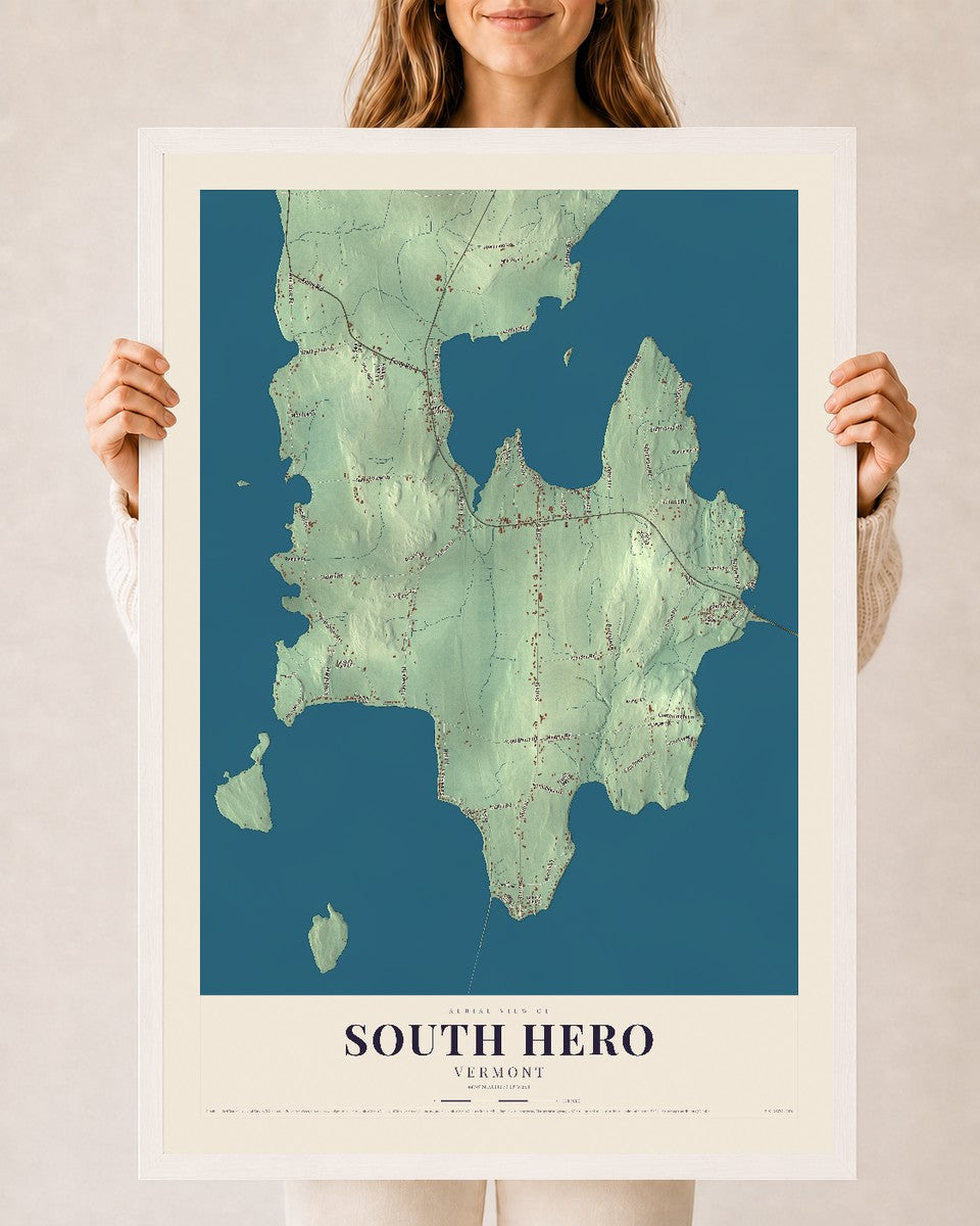 South Hero, Vermont map print - 24 x 36 white Ayous wood frame