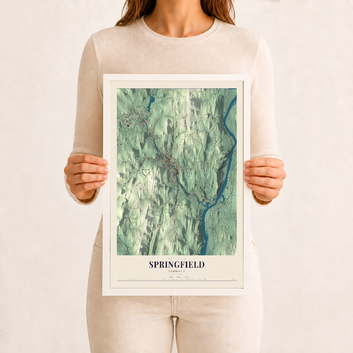 Springfield, Vermont map print - 12 x 18 white Ayous wood frame
