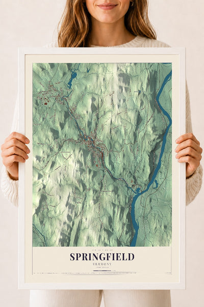 Springfield, Vermont map print - 18 x 24 white Ayous wood frame