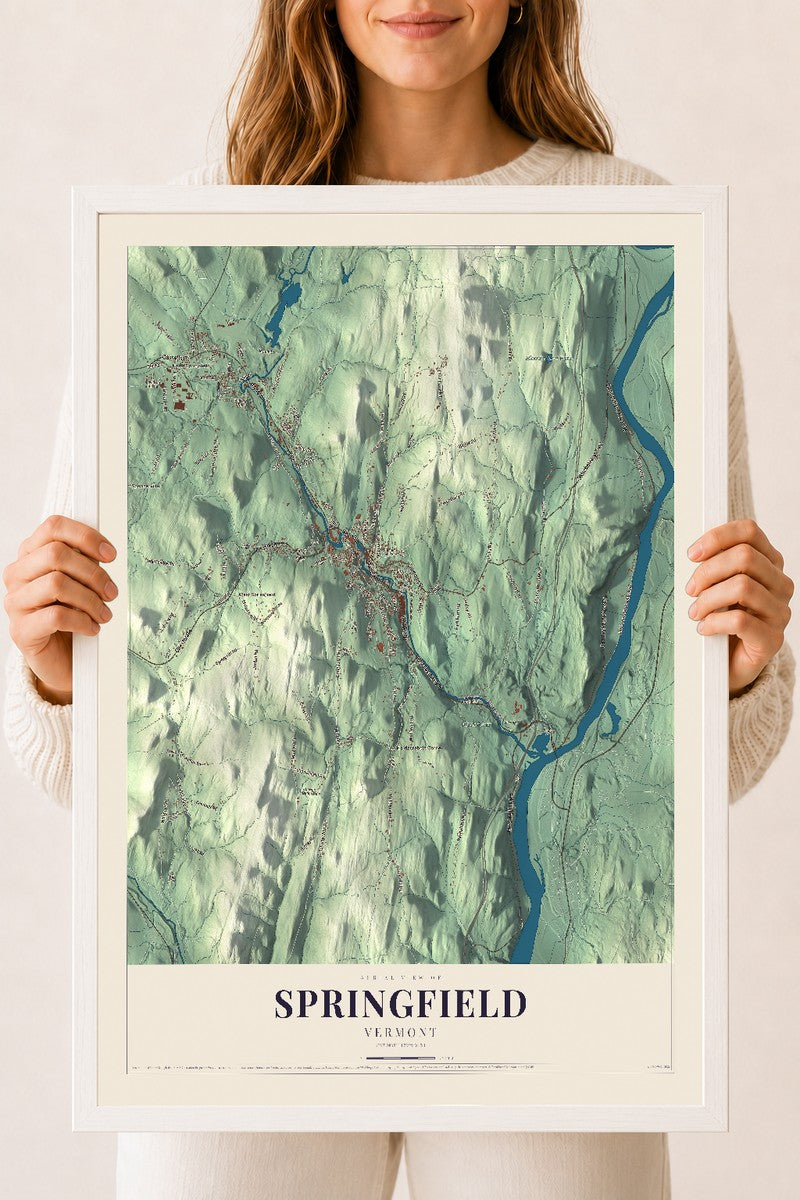 Springfield, Vermont map print - 18 x 24 white Ayous wood frame