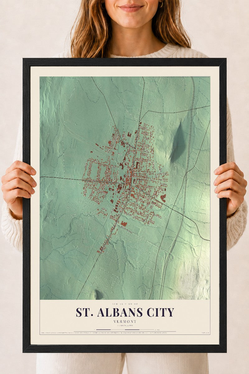 St. Albans City, Vermont map print - 18 x 24 black Ayous wood frame