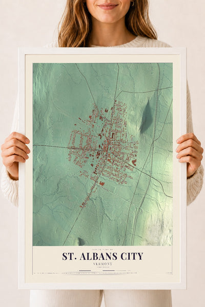 St. Albans City, Vermont map print - 18 x 24 white Ayous wood frame