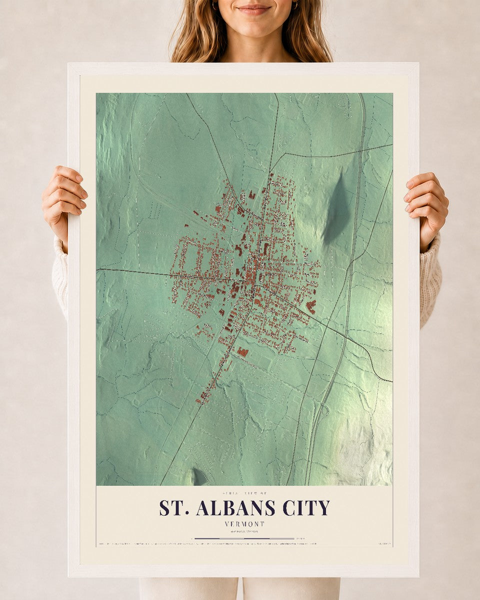 St. Albans City, Vermont map print - 24 x 36 white Ayous wood frame