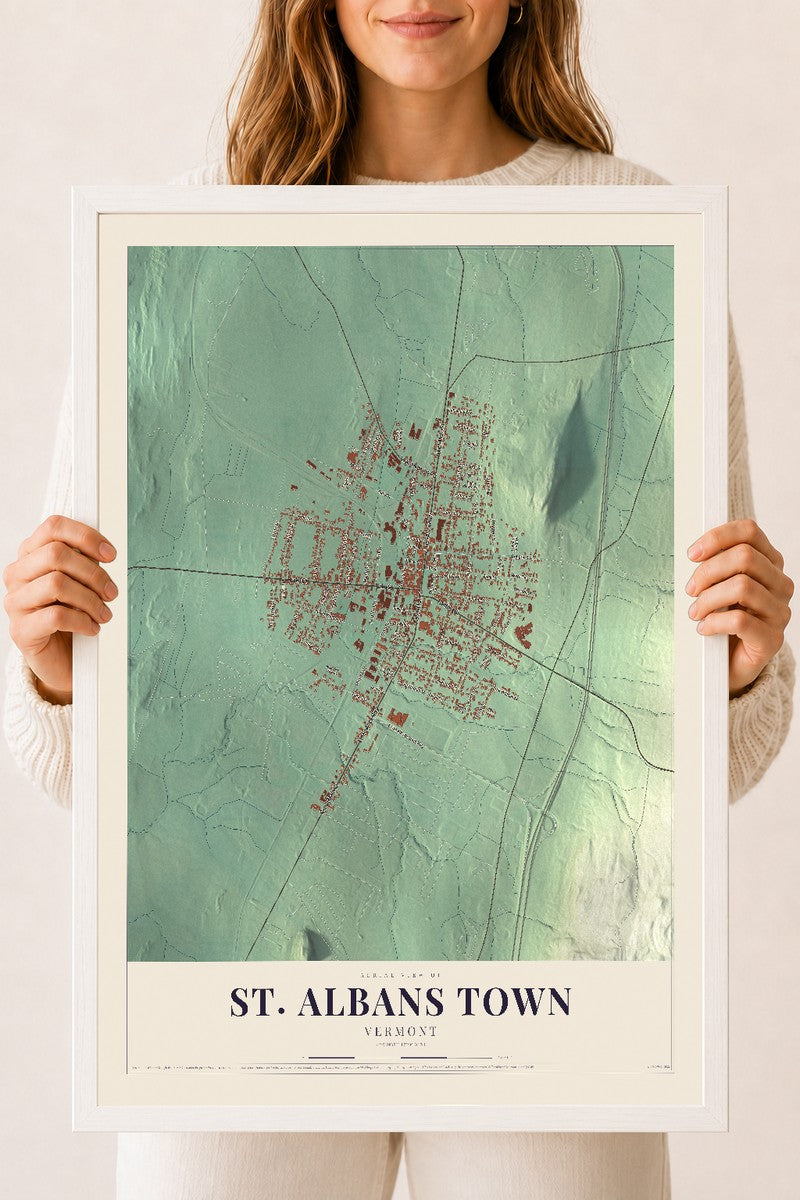 St. Albans Town, Vermont map print - 18 x 24 white Ayous wood frame
