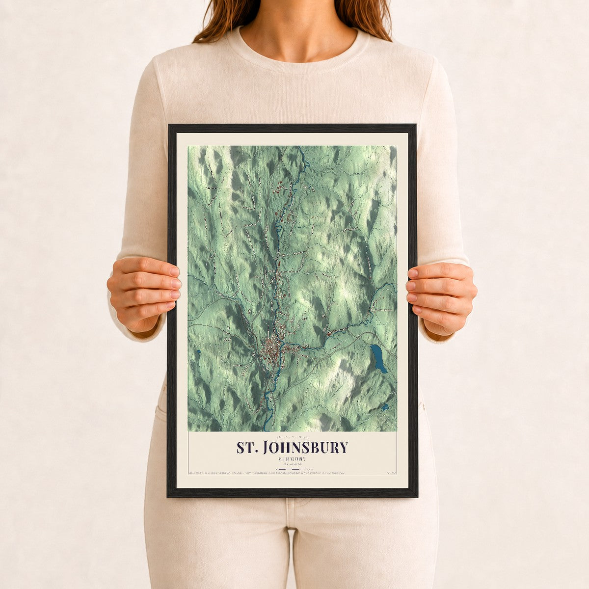 St. Johnsbury, Vermont map print - 12 x 18 black Ayous wood frame
