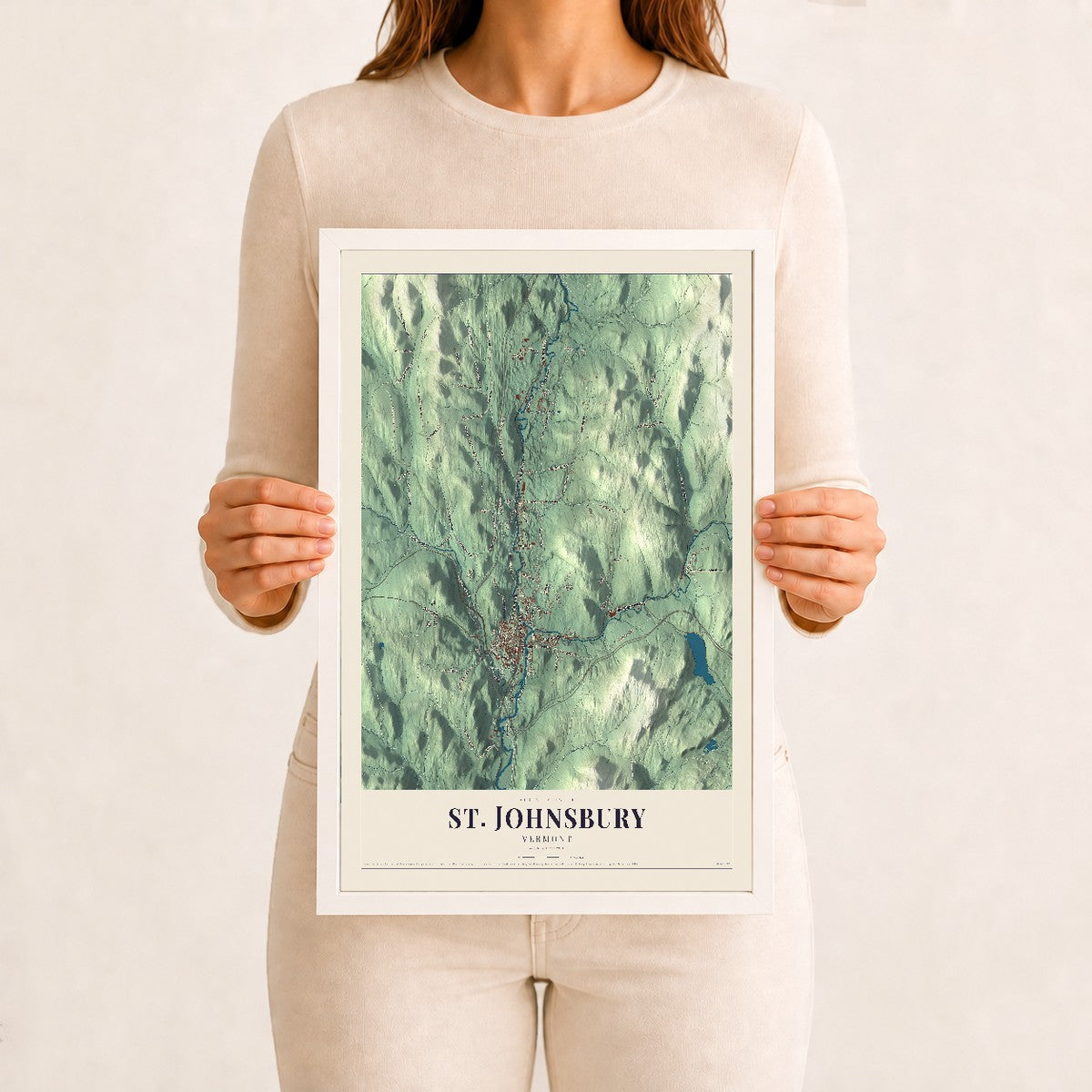 St. Johnsbury, Vermont map print - 12 x 18 white Ayous wood frame