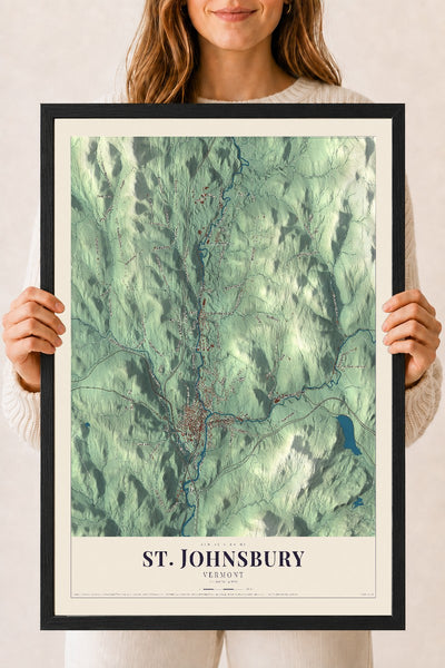 St. Johnsbury, Vermont map print - 18 x 24 black Ayous wood frame