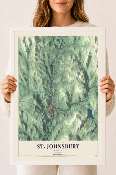St. Johnsbury, Vermont map print - 18 x 24 white Ayous wood frame