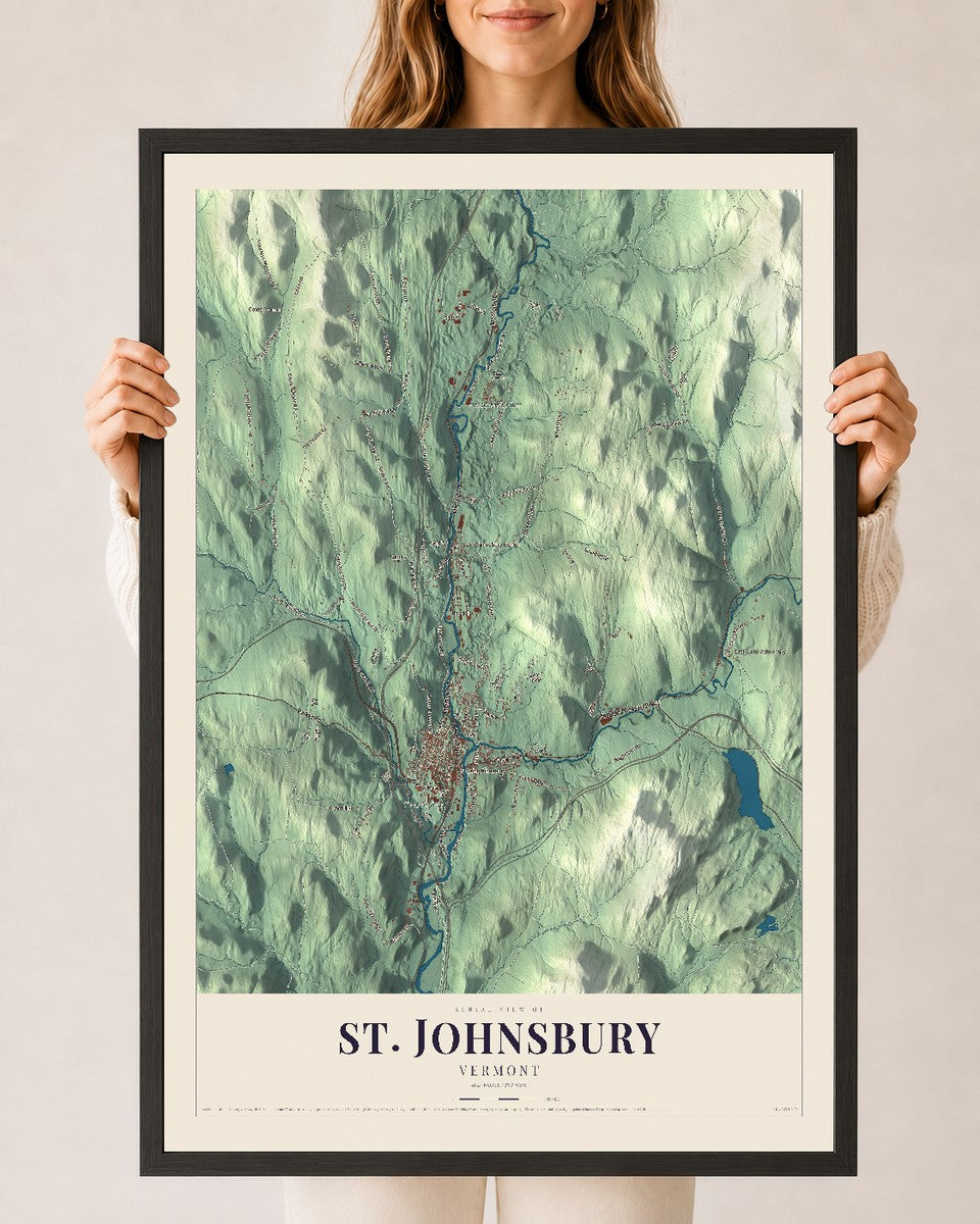 St. Johnsbury, Vermont map print - 24 x 36 black Ayous wood frame