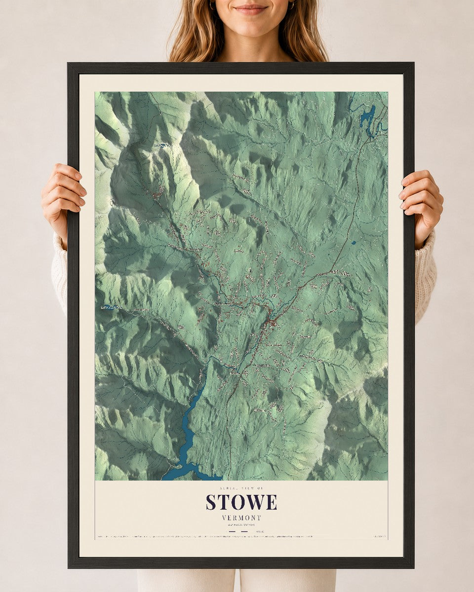Stowe, Vermont map print - 24 x 36 black Ayous wood frame