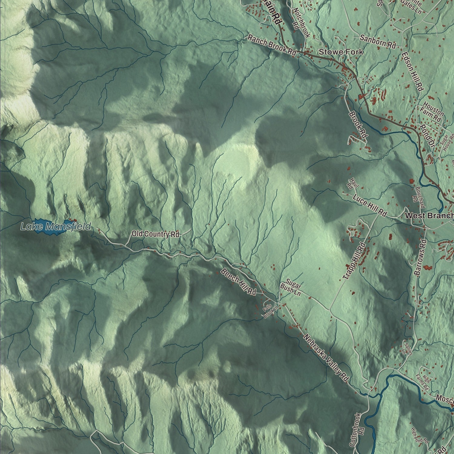 Terrain and local geography detail from the Stowe, Vermont map