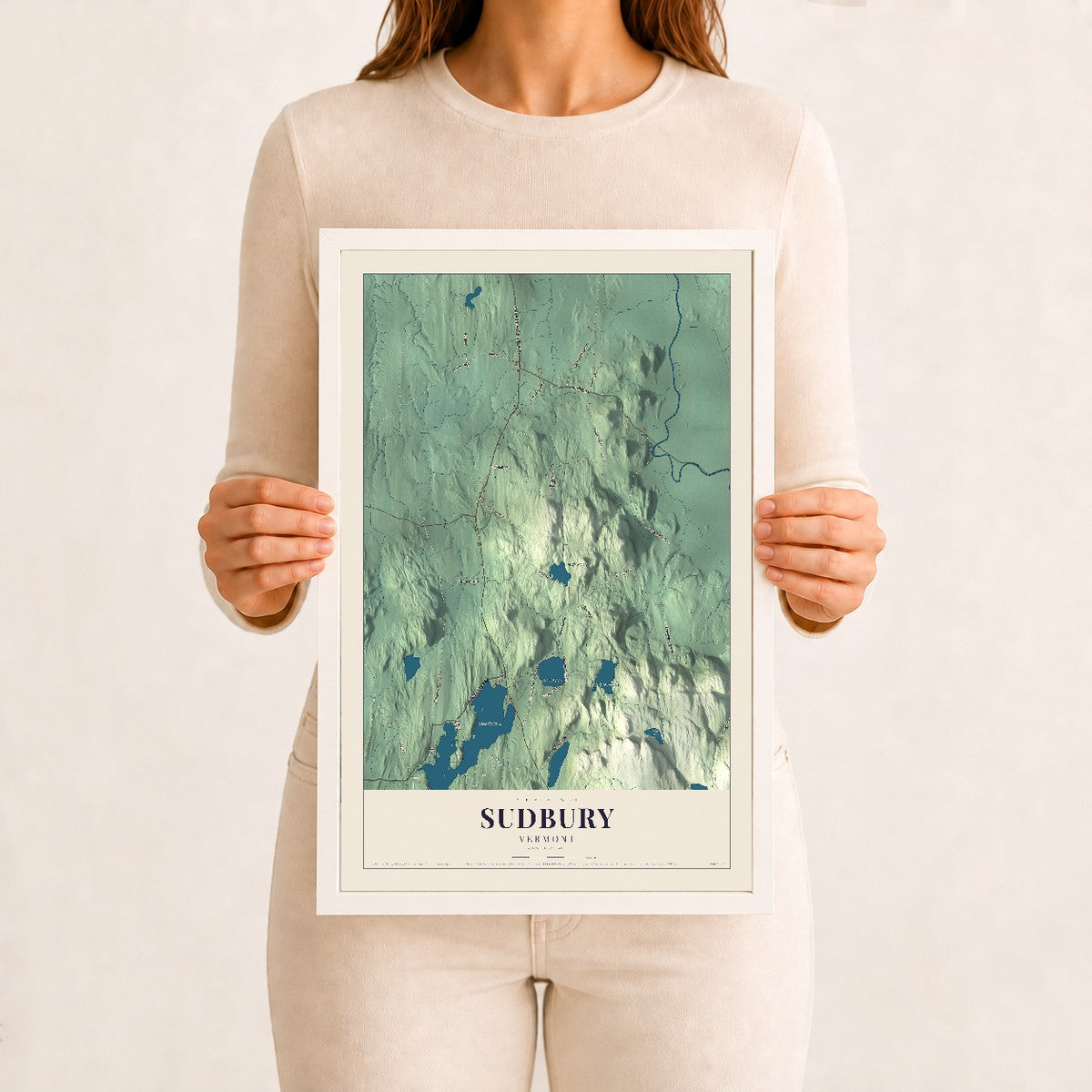 Sudbury, Vermont map print - 12 x 18 white Ayous wood frame