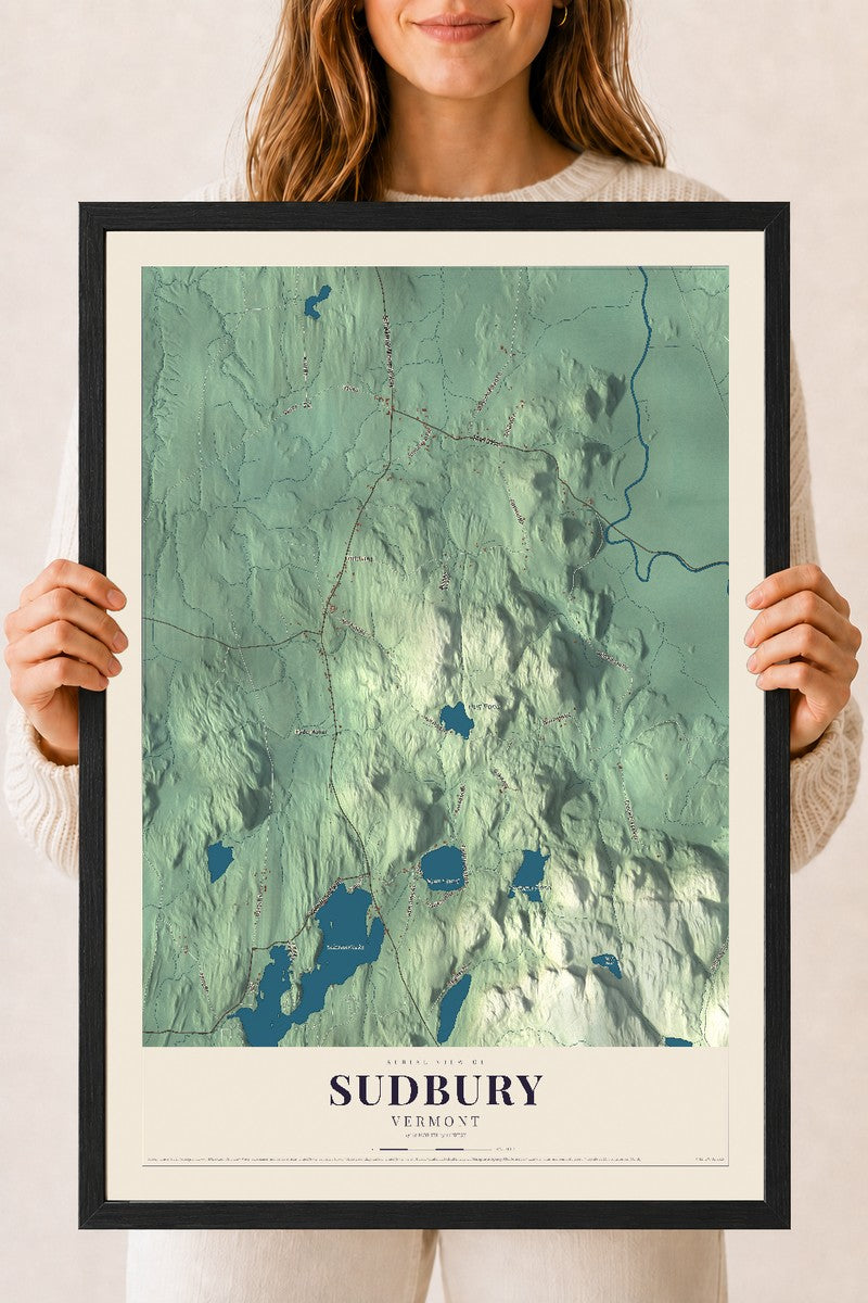 Sudbury, Vermont map print - 18 x 24 black Ayous wood frame