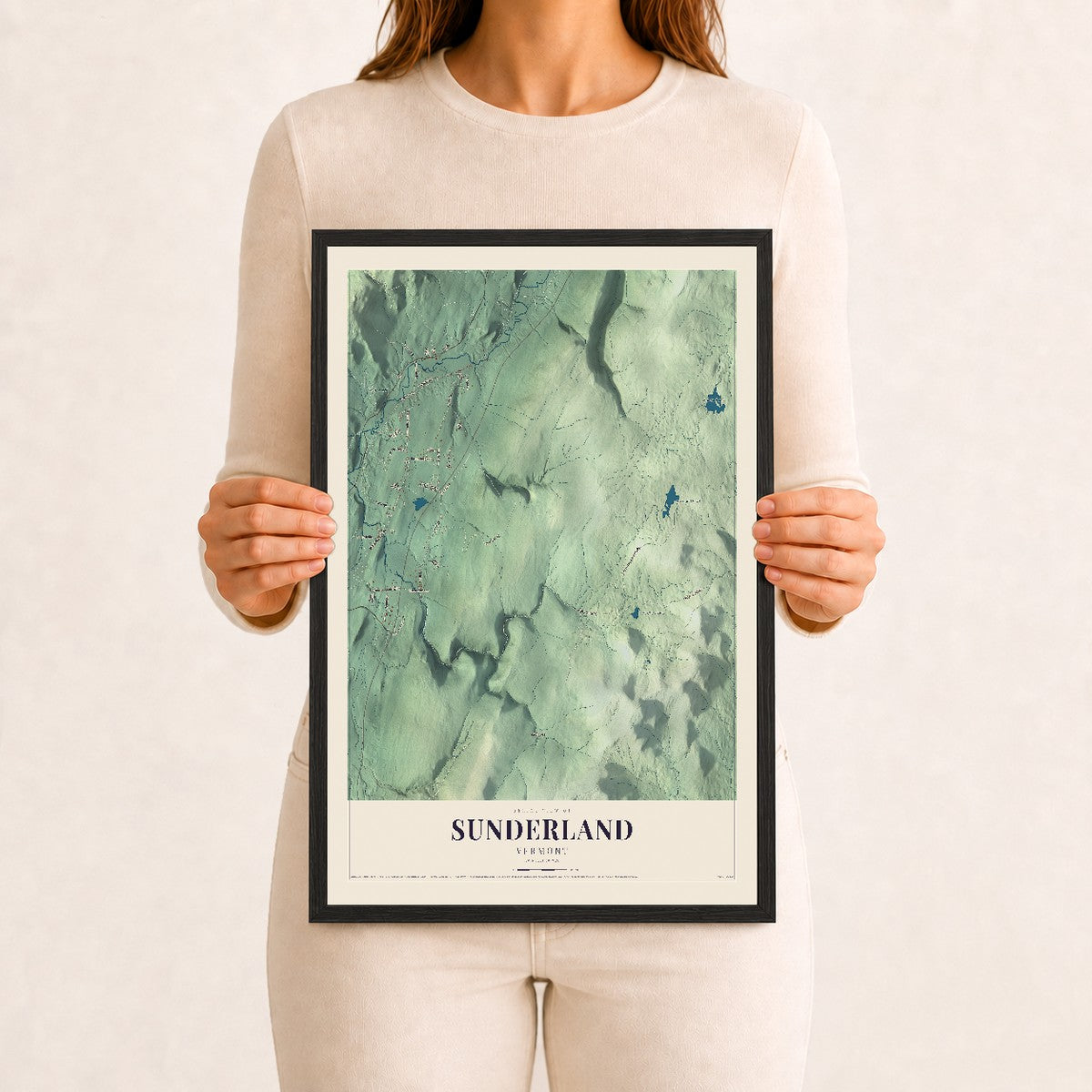 Sunderland, Vermont map print - 12 x 18 black Ayous wood frame