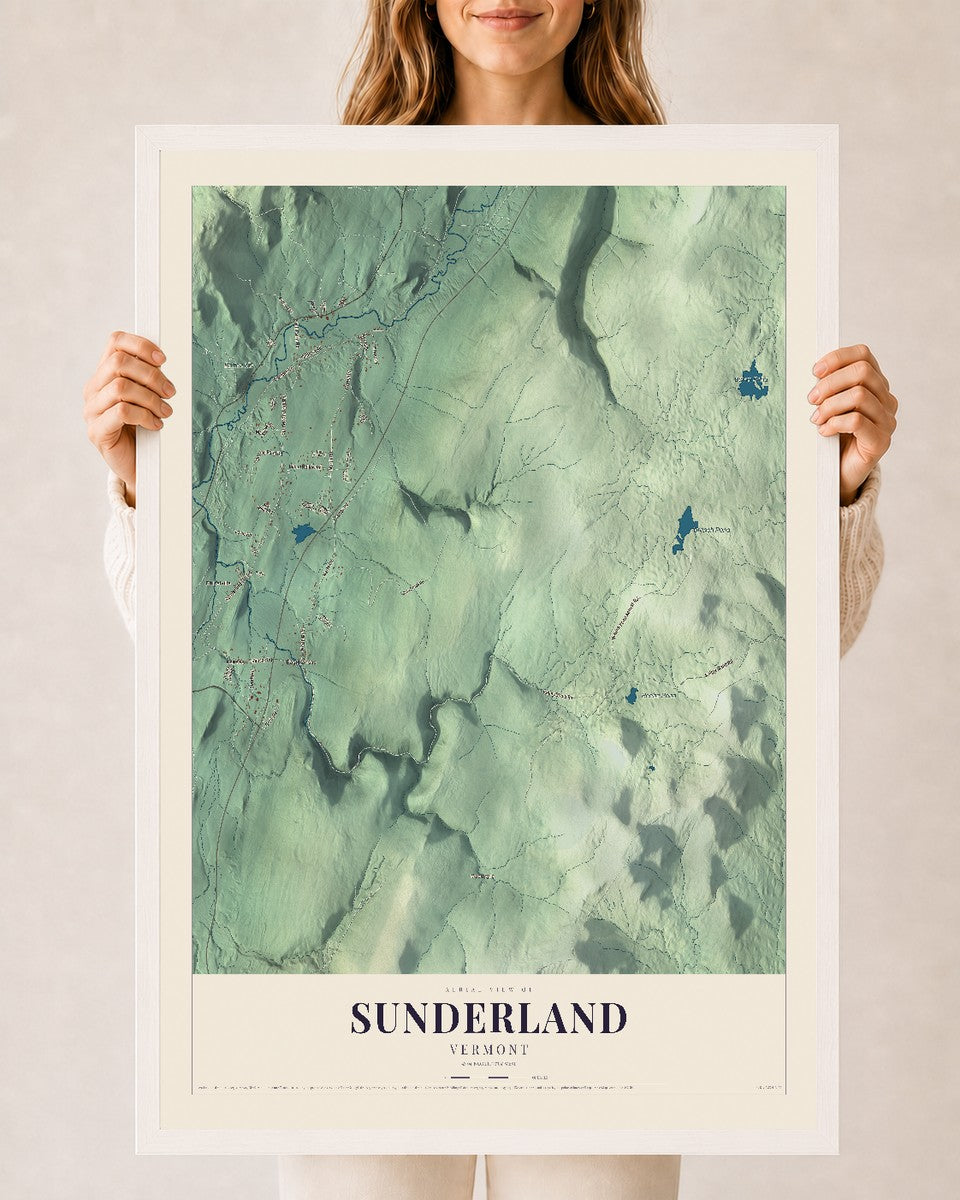 Sunderland, Vermont map print - 24 x 36 white Ayous wood frame