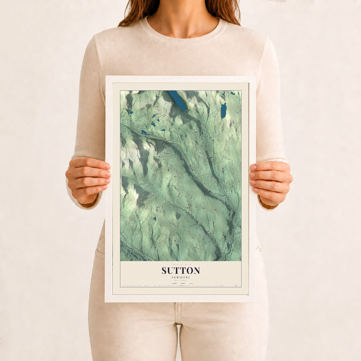 Sutton, Vermont map print - 12 x 18 white Ayous wood frame