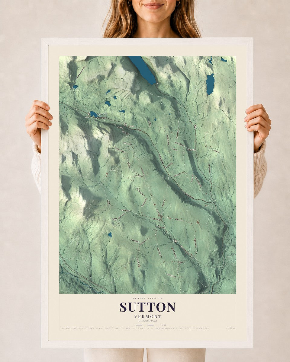 Sutton, Vermont map print - 24 x 36 white Ayous wood frame