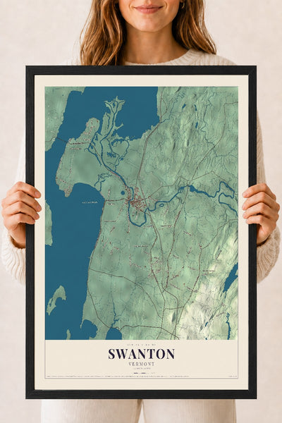 Swanton, Vermont map print - 18 x 24 black Ayous wood frame