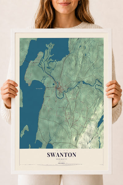 Swanton, Vermont map print - 18 x 24 white Ayous wood frame