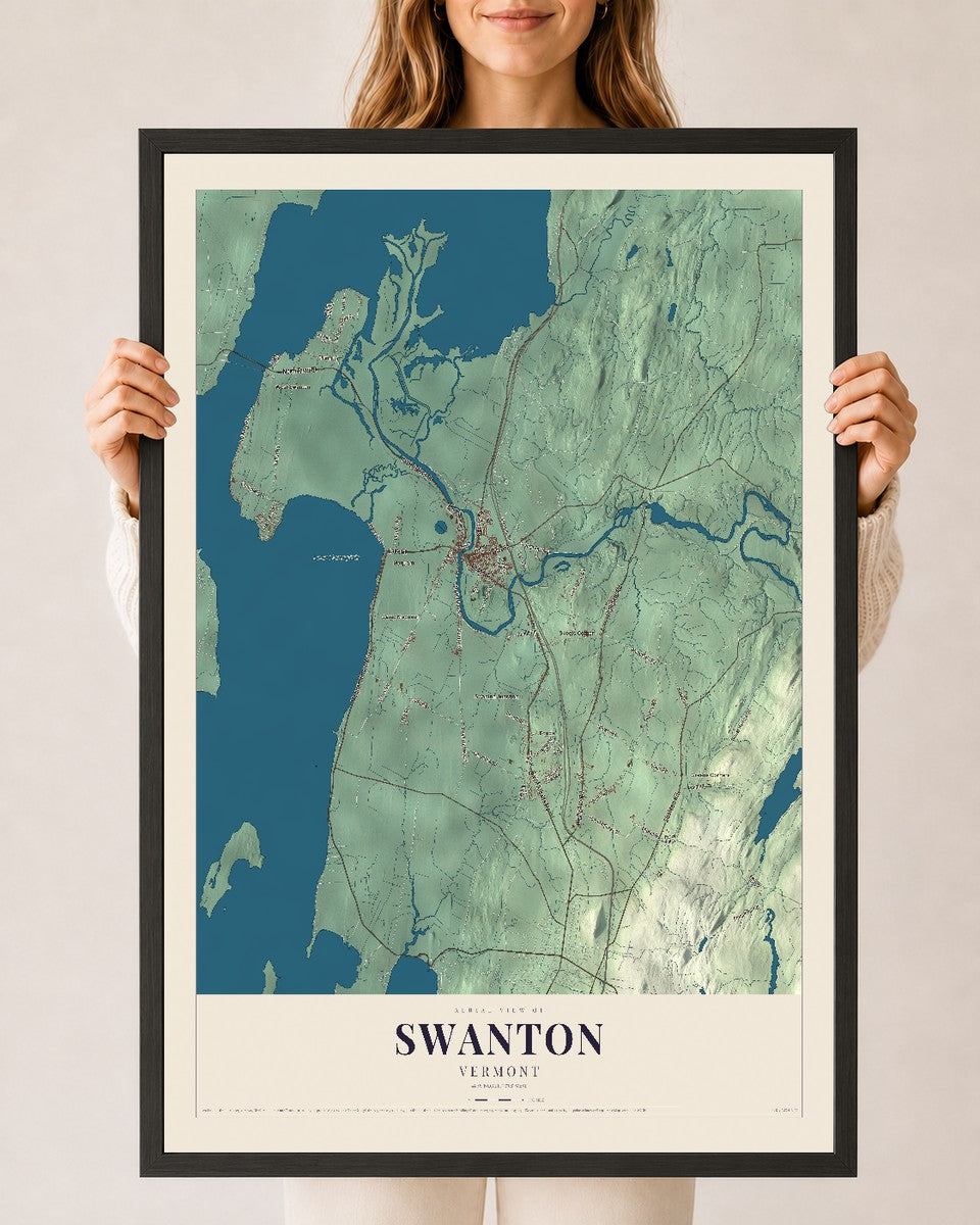 Swanton, Vermont map print - 24 x 36 black Ayous wood frame