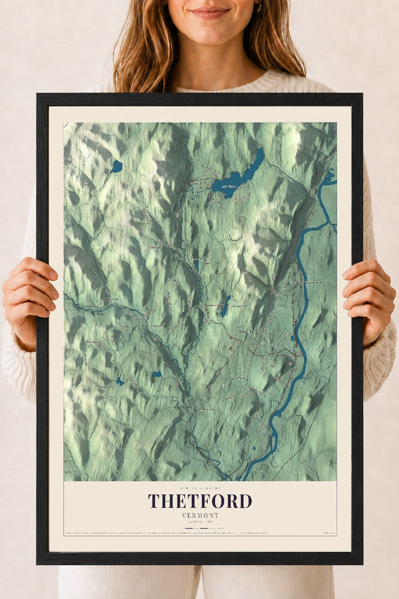 Thetford, Vermont map print - 18 x 24 black Ayous wood frame
