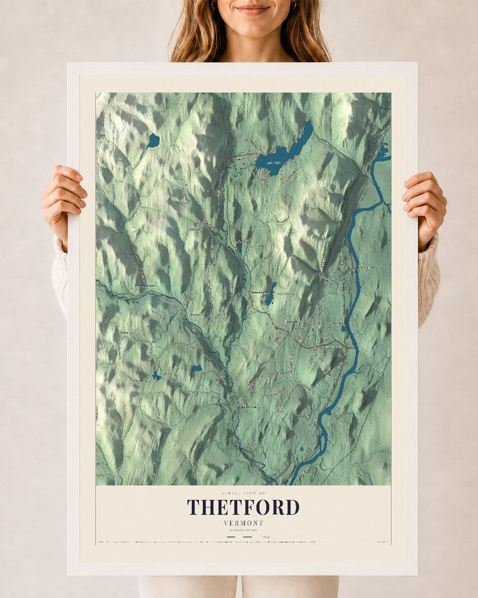 Thetford, Vermont map print - 24 x 36 white Ayous wood frame