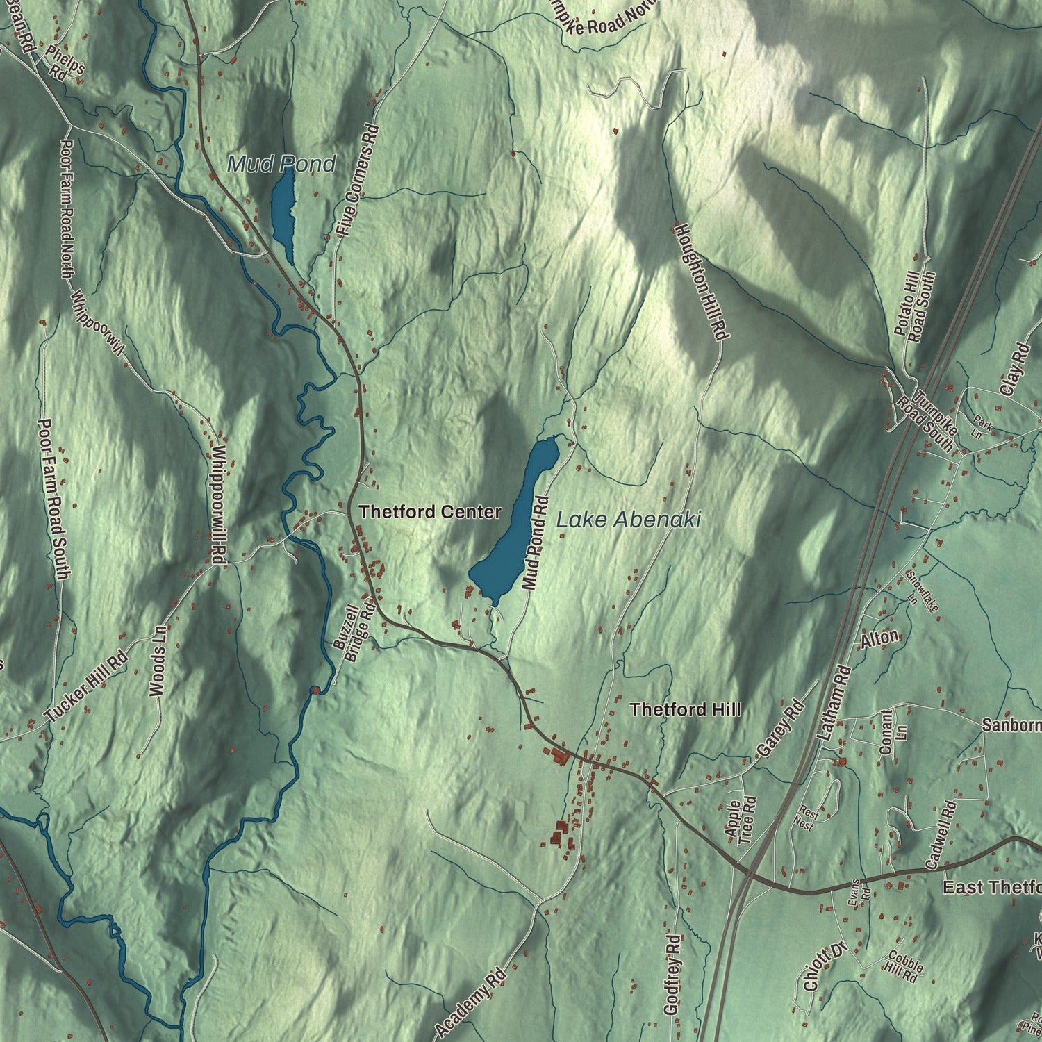 Terrain and local geography detail from the Thetford, Vermont map