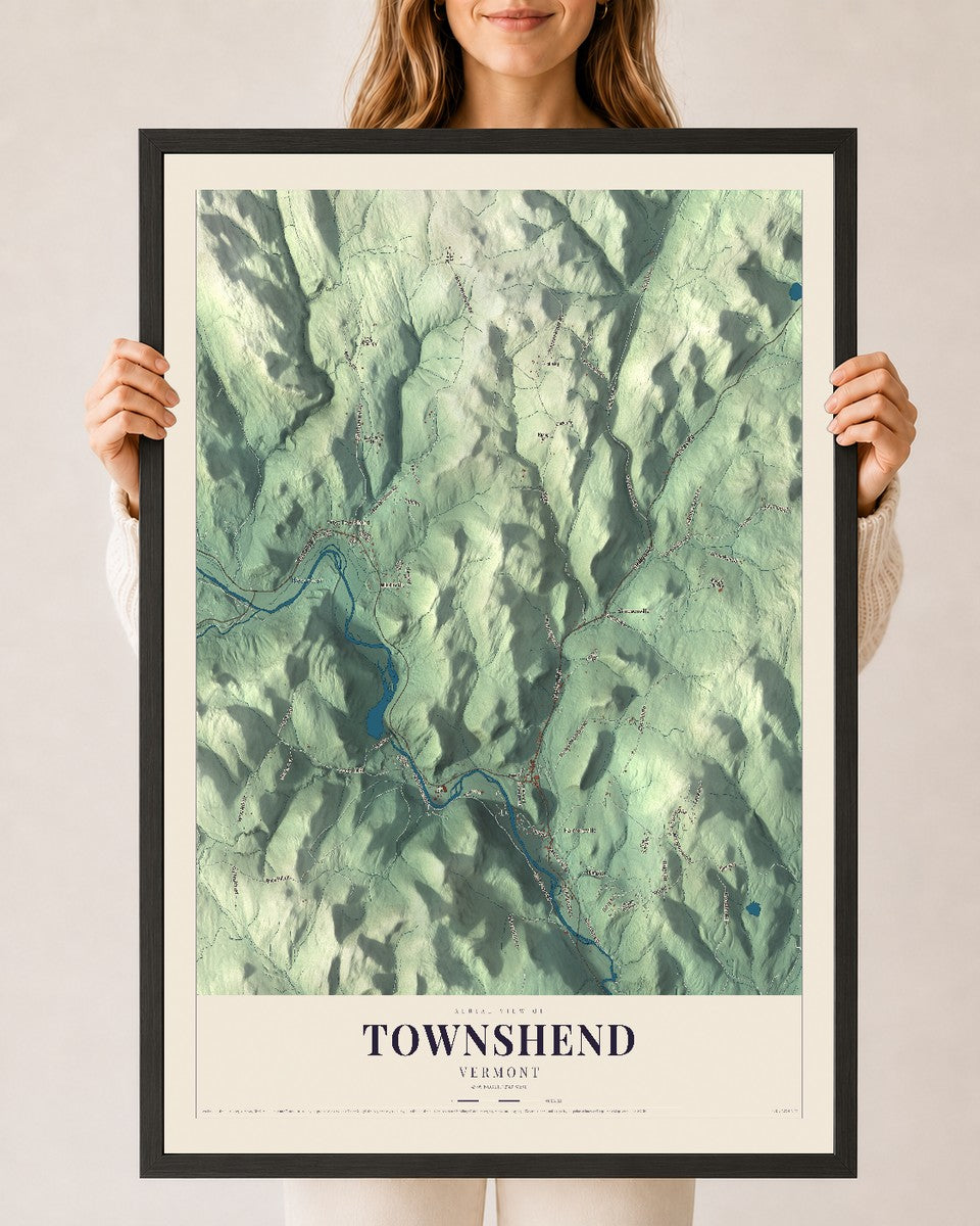 Townshend, Vermont map print - 24 x 36 black Ayous wood frame