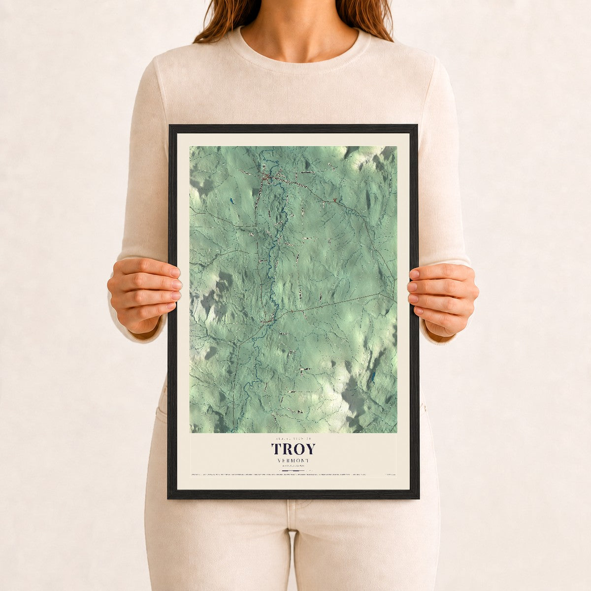 Troy, Vermont map print - 12 x 18 black Ayous wood frame