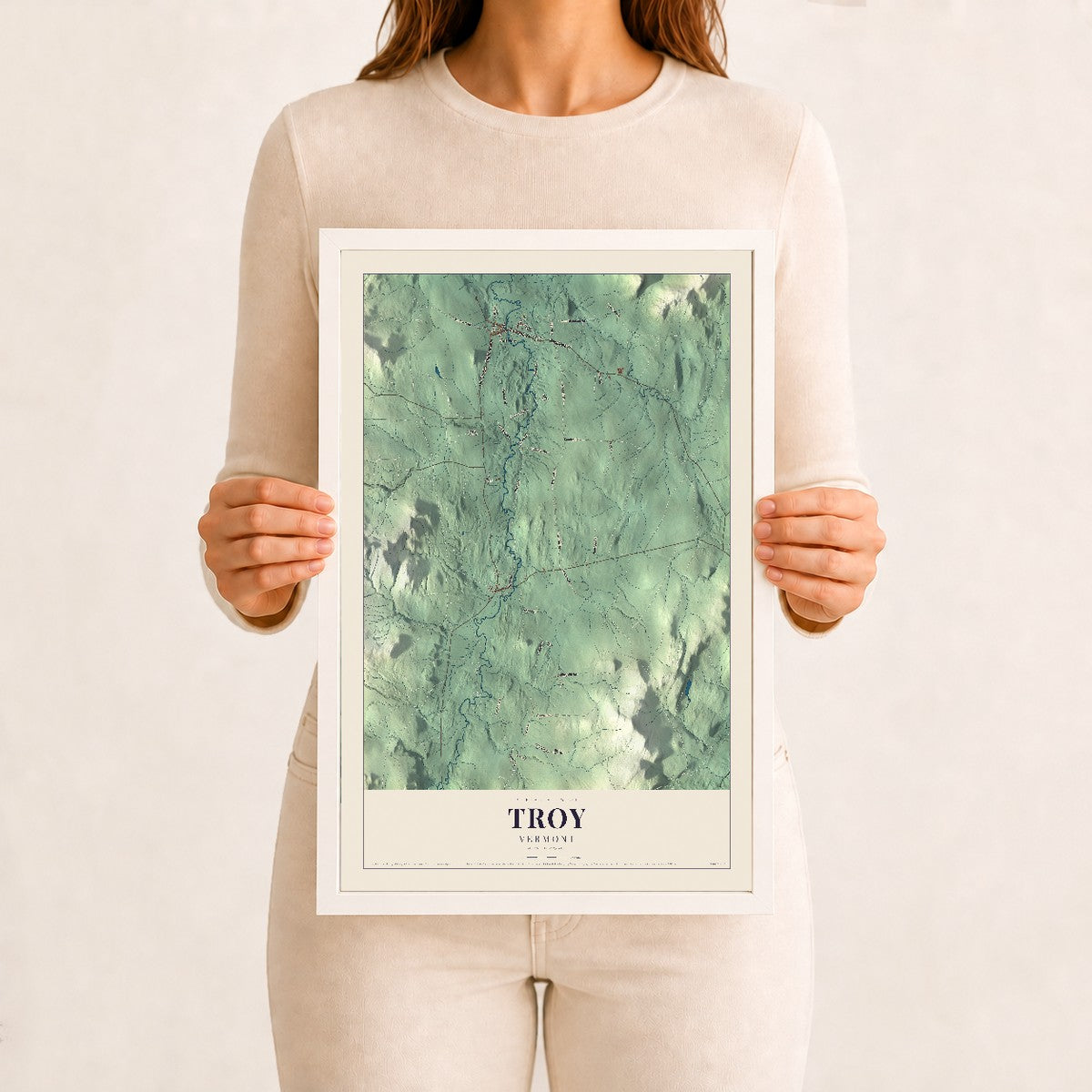 Troy, Vermont map print - 12 x 18 white Ayous wood frame