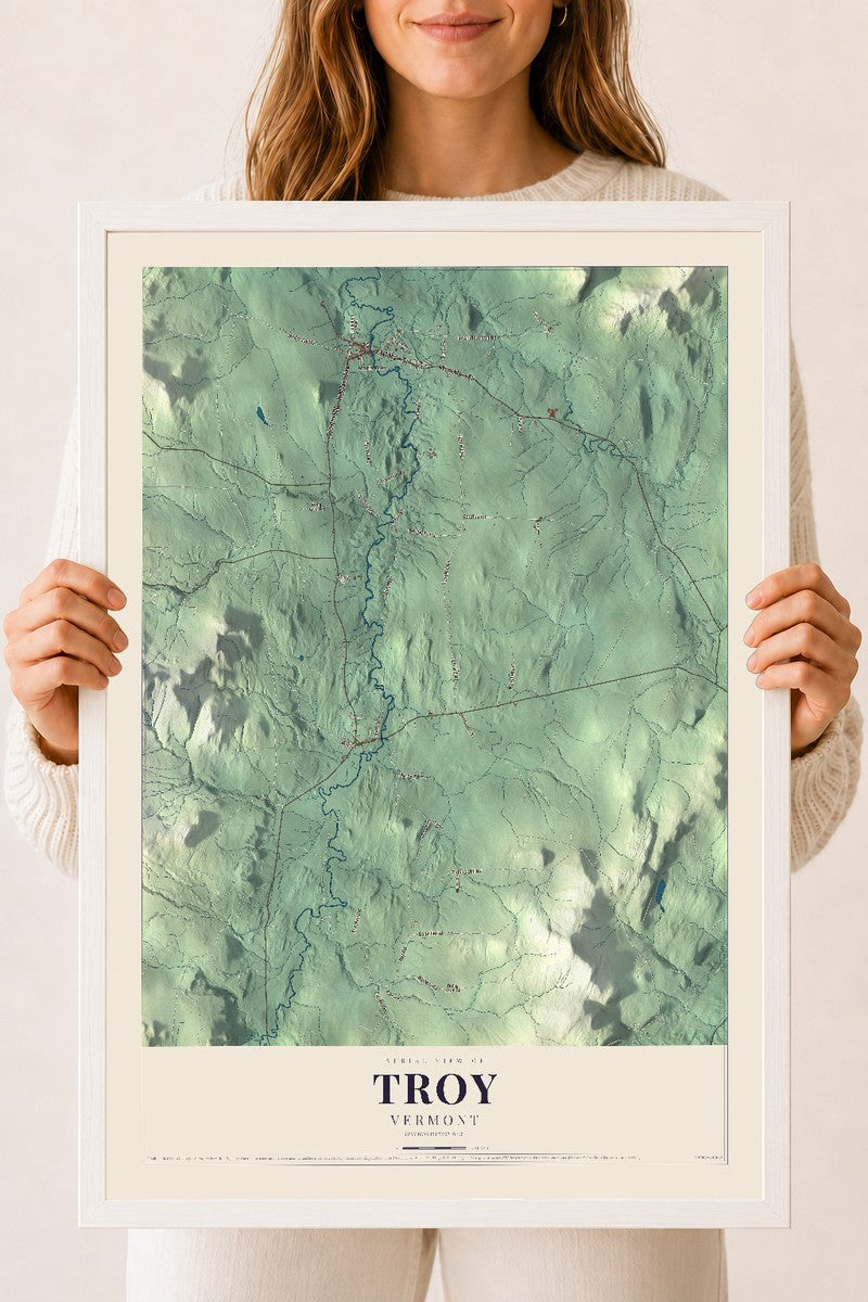 Troy, Vermont map print - 18 x 24 white Ayous wood frame