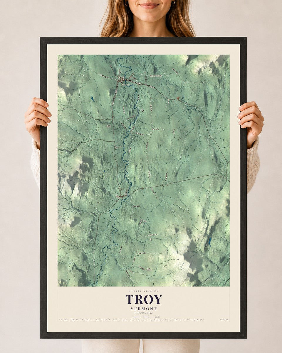 Troy, Vermont map print - 24 x 36 black Ayous wood frame