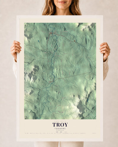 Troy, Vermont map print - 24 x 36 white Ayous wood frame