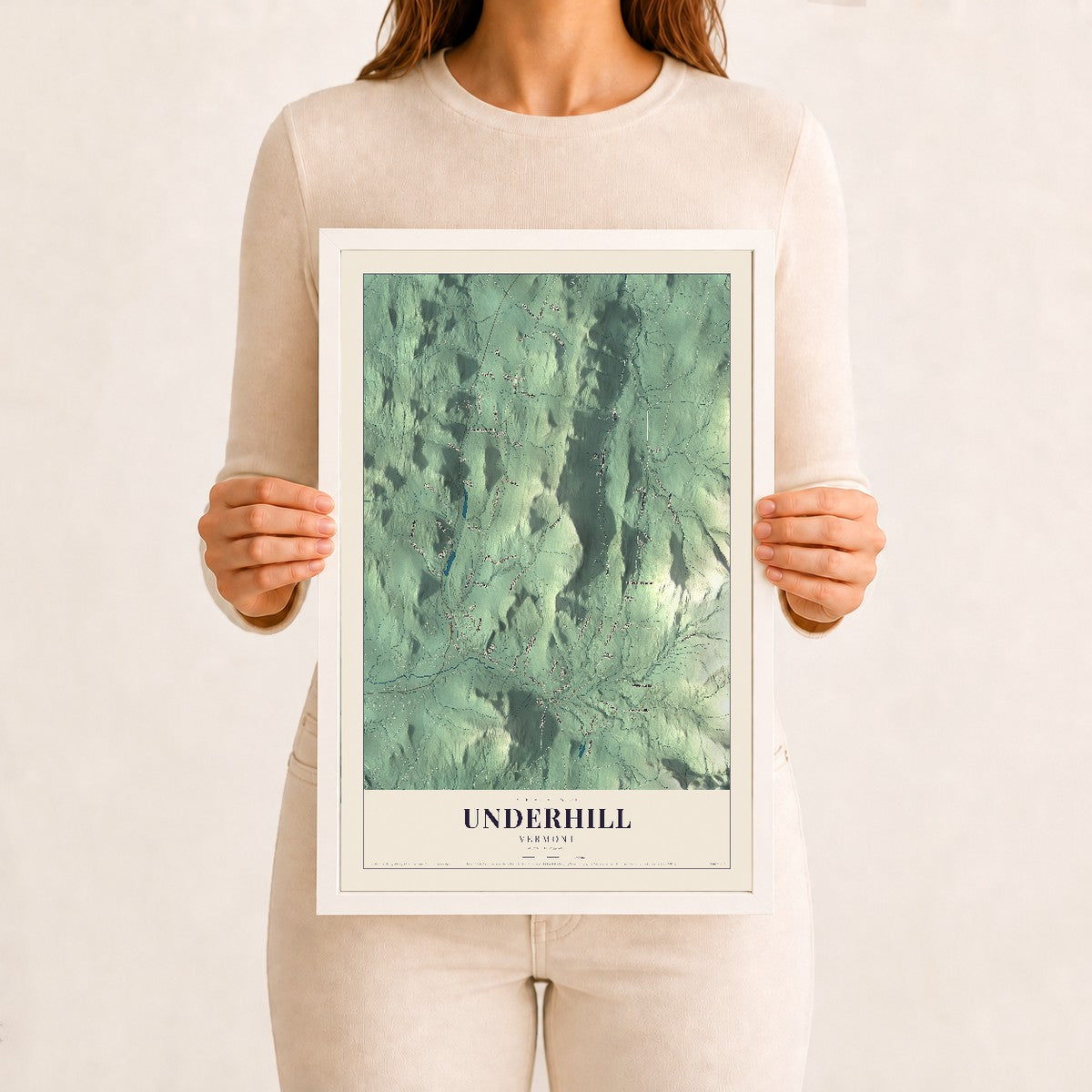 Underhill, Vermont map print - 12 x 18 white Ayous wood frame