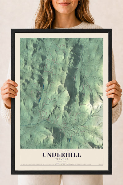 Underhill, Vermont map print - 18 x 24 black Ayous wood frame