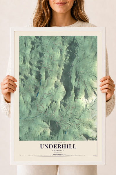 Underhill, Vermont map print - 18 x 24 white Ayous wood frame