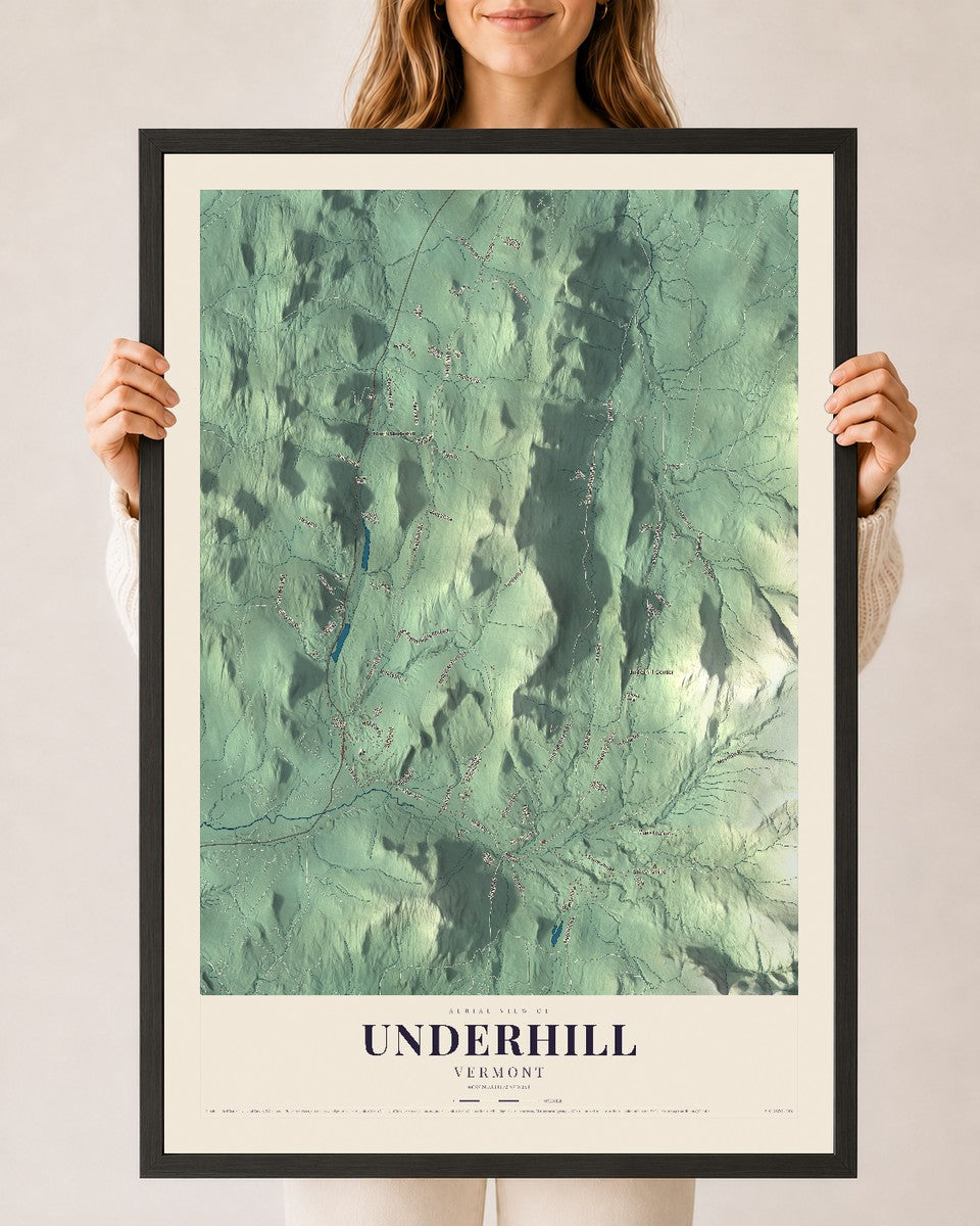 Underhill, Vermont map print - 24 x 36 black Ayous wood frame