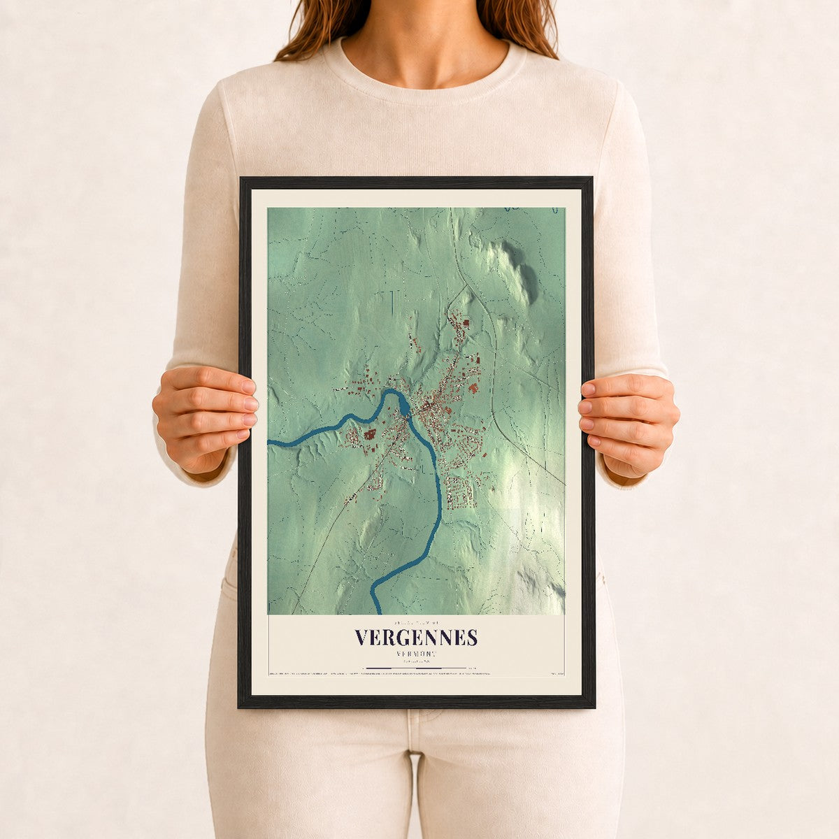 Vergennes, Vermont map print - 12 x 18 black Ayous wood frame