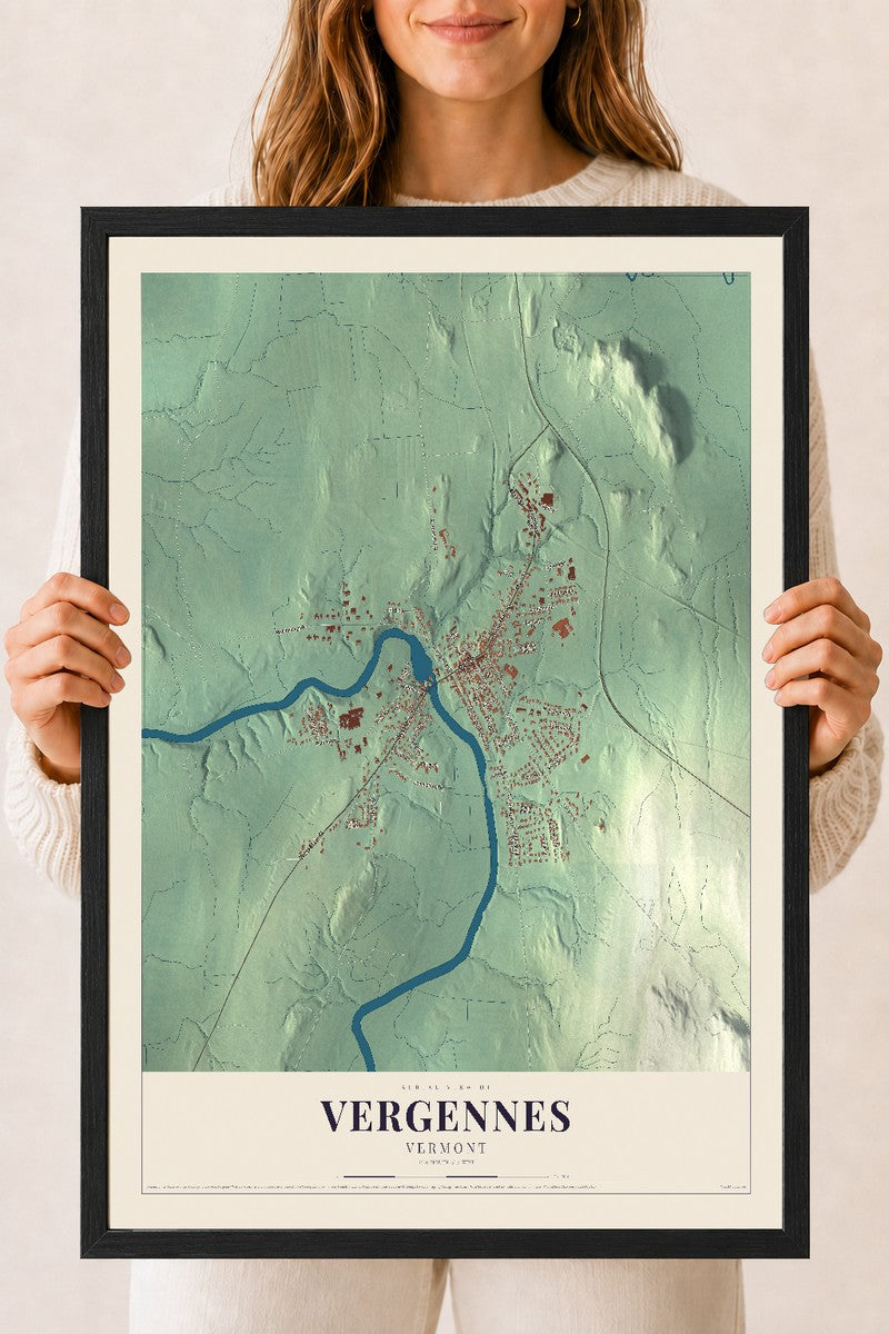Vergennes, Vermont map print - 18 x 24 black Ayous wood frame