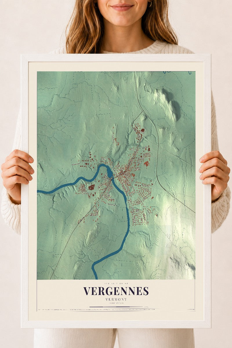 Vergennes, Vermont map print - 18 x 24 white Ayous wood frame