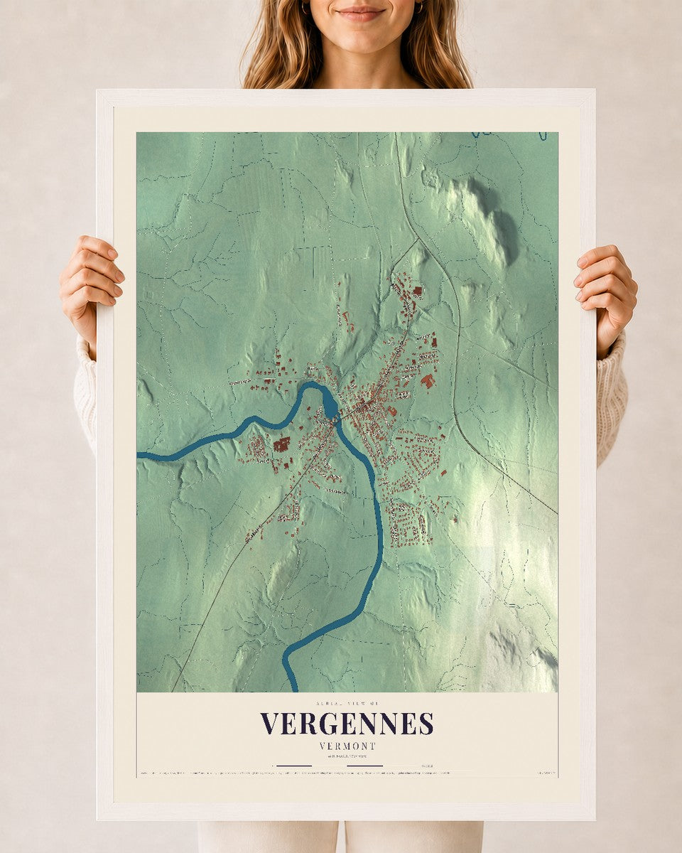 Vergennes, Vermont map print - 24 x 36 white Ayous wood frame