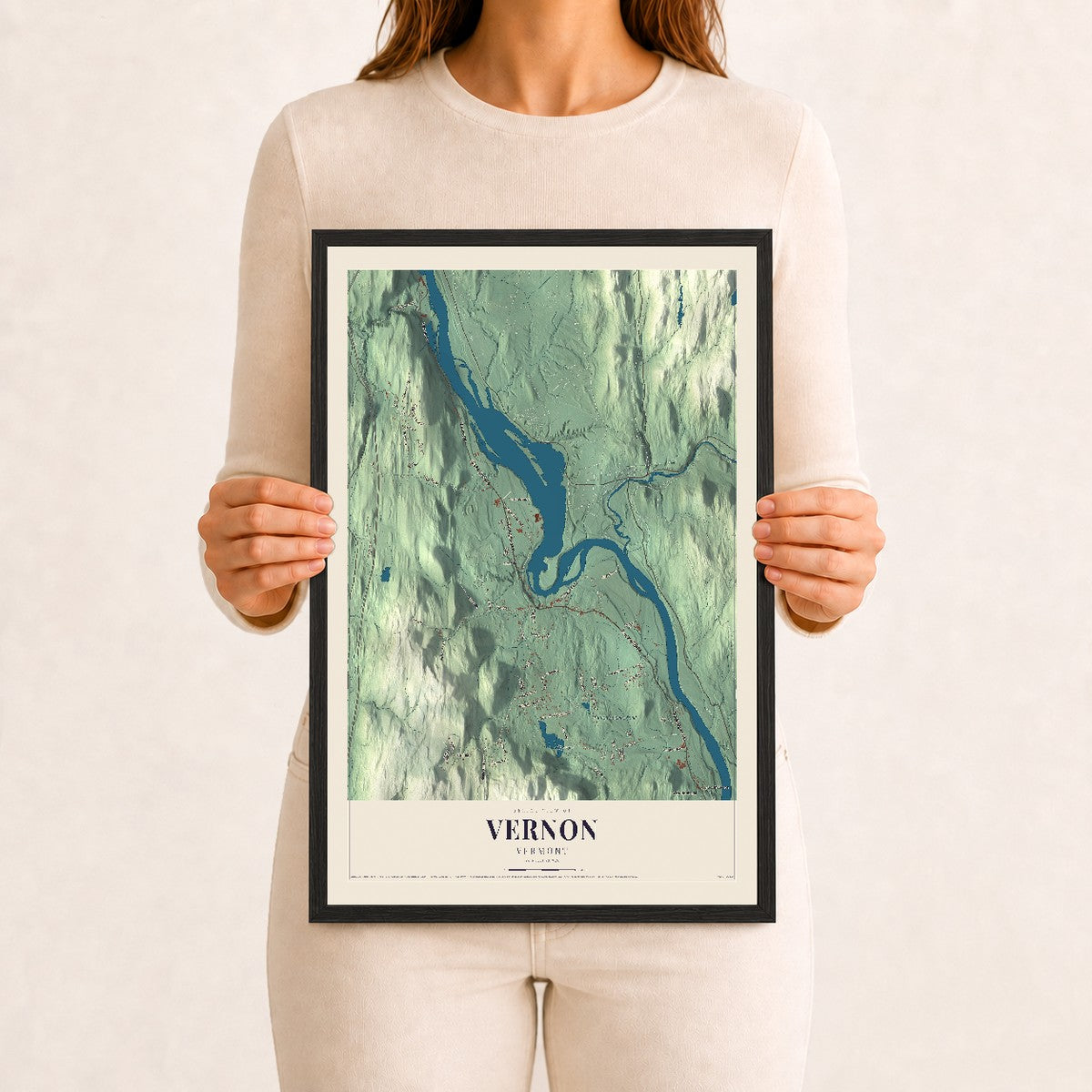 Vernon, Vermont map print - 12 x 18 black Ayous wood frame