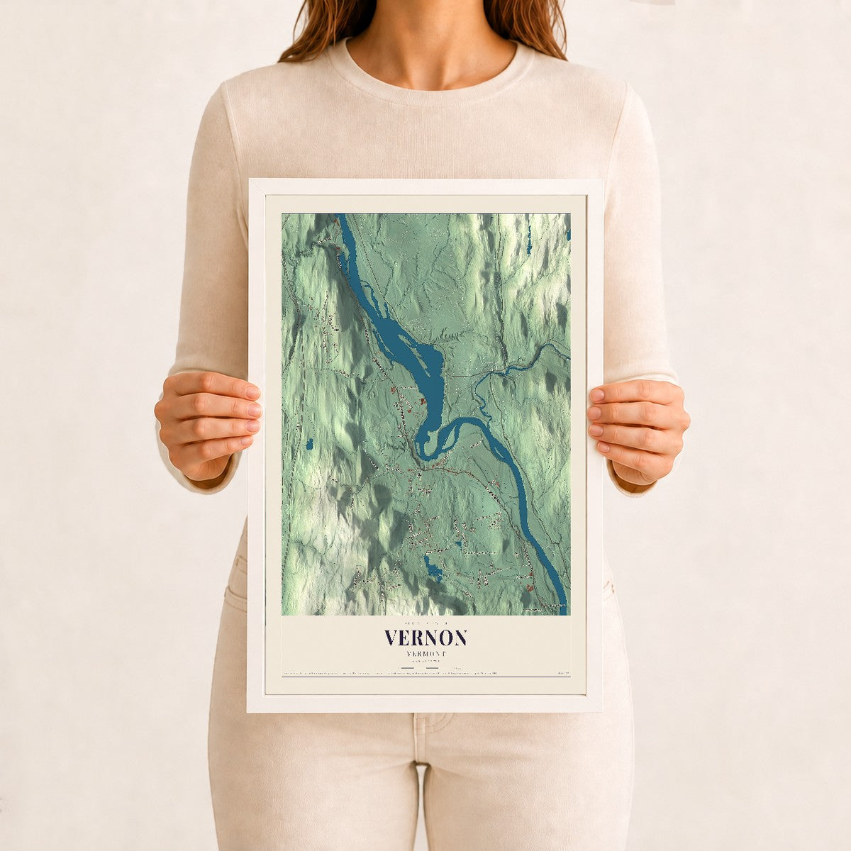 Vernon, Vermont map print - 12 x 18 white Ayous wood frame