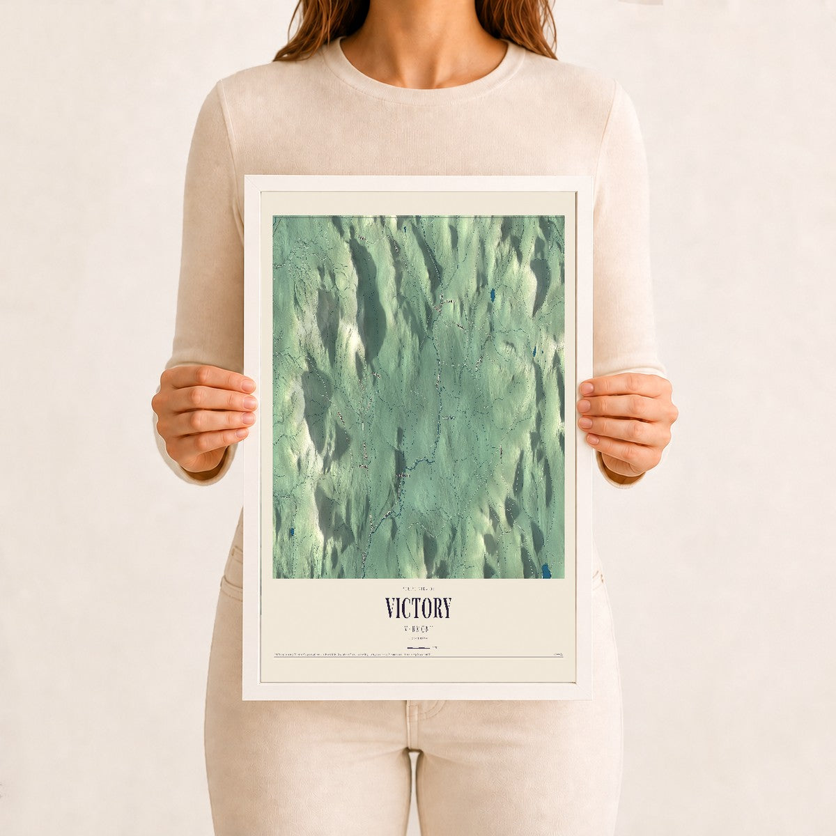 Victory, Vermont map print - 12 x 18 white Ayous wood frame