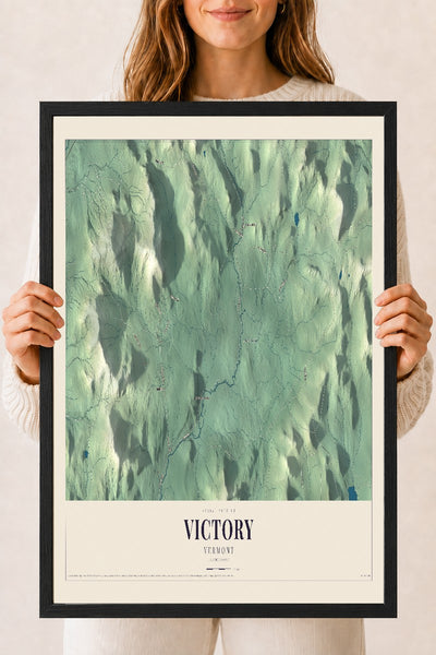 Victory, Vermont map print - 18 x 24 black Ayous wood frame